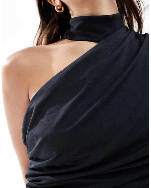 Abercrombie & Fitch Blue One Shoulder Mock Neck Draped Top