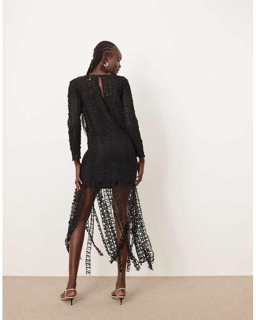 Vestido Midi De Manga Larga Con Flecos En El Bajo Y Diseño Bordado De Encaje De ARRANGE de color Natural