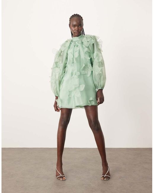 ARRANGE Mini-Jurk Van Organza Met Bloemen-Appliqué, Hoge Hals En A-Lijn in het Green