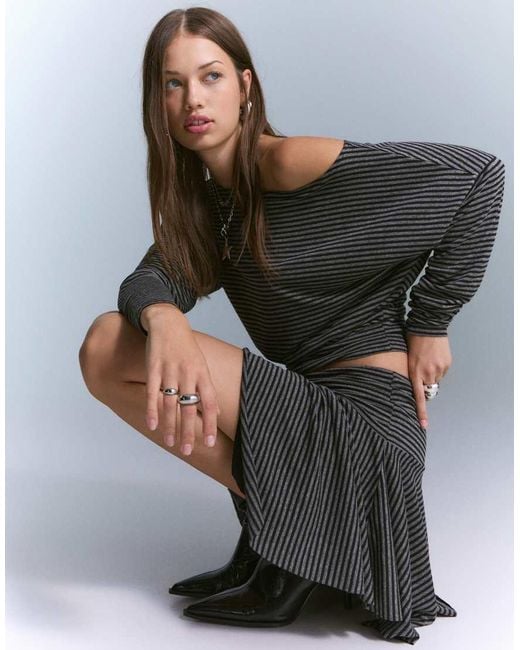 Bershka Gray Striped Asymmetric Mini Skirt