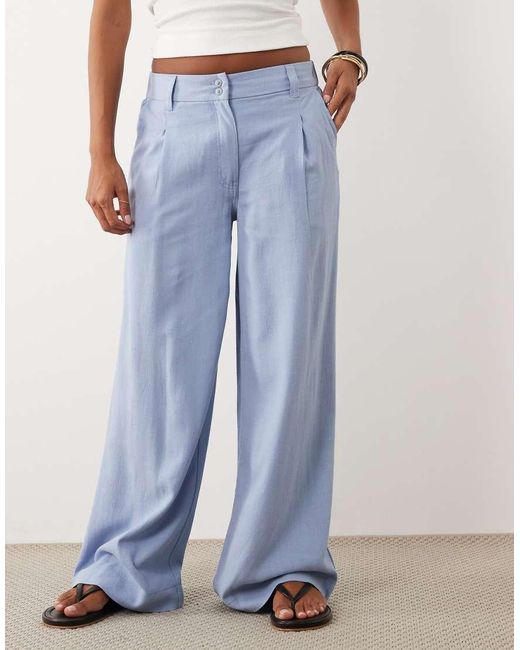 ASOS Blue Asos Design Petite Wide Leg Trousers With Pleat Detail