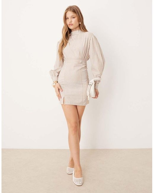 ASOS Natural High Neck Poplin Mini Dress With Pleated Waist
