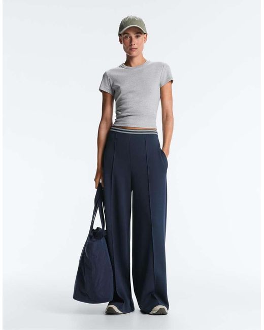Oysho Blue Straight-Leg Piqué Trousers With Cotton And Contrast Piping