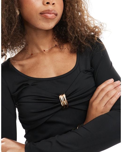 4th & Reckless Black Scoop Neck Gathered Gold Hardware Detail Long Sleeve Crop Top Co-ord