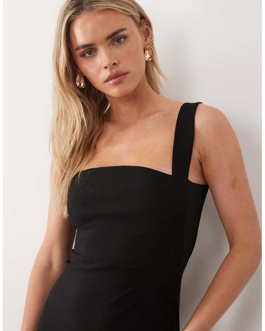 Vesper Petite Black Bengaline Square Neck Mesh Panel Dress