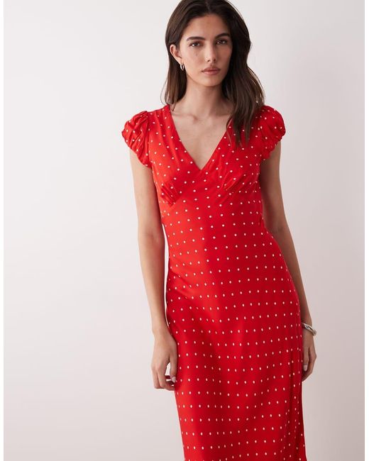 Nobody's Child Red Polka Dot V-Neck Lina Midi Dress