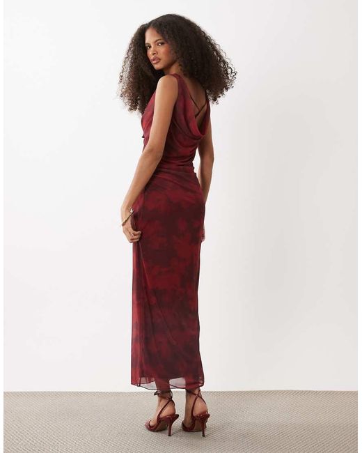 Mango Red Cowl Neck Mesh Maxi Dress
