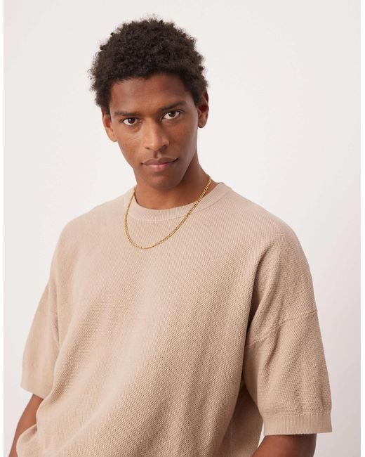ASOS Natural Oversized Fit Knitted Pique Texture Tshirt for men