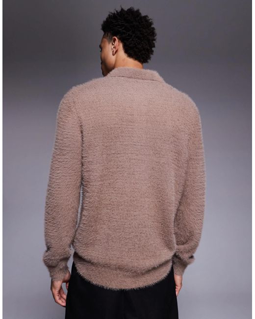 Pull en maille duveteuse à col polo - marron ASOS pour homme en coloris Gray