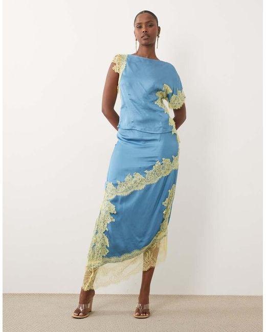 Never Fully Dressed Blue Kira Satin Slash Neck Asymmetric Short Sleeve Lace Detail Top Co-Ord
