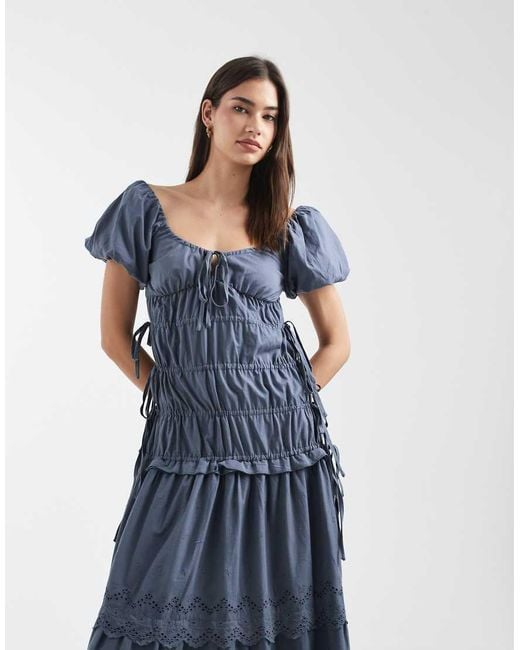 Daisy Street Blue Broderie Shirred Maxi Dress With Puff Sleeves