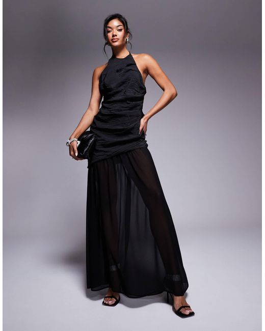 ASOS Halter Asymmetric Ruched Maxi Dress With Chiffon Skirt in Blue | Lyst