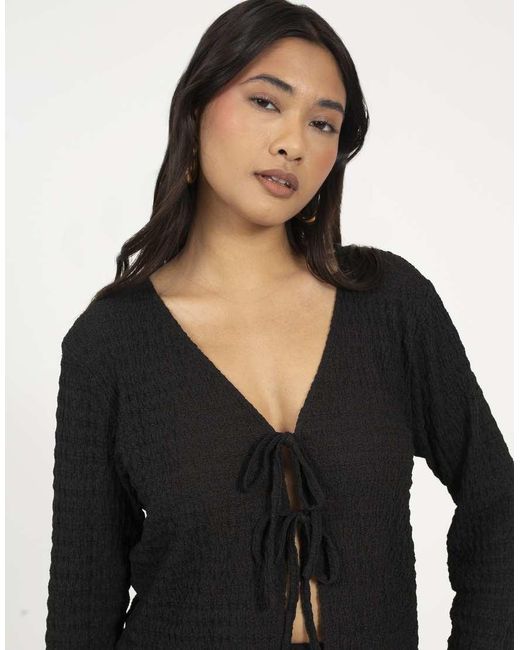 Brave Soul Black Textured Long Sleeve Tie Front Top