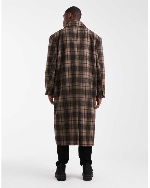 ASOS Brown Check Wool Look Oversized Longline Coat for men