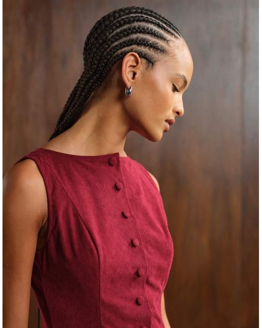 ASOS Red Cord Slash Neck Button Down Dropped Waist Mini Dress