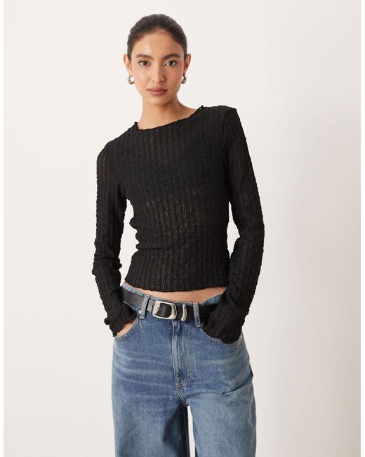 Aware Black Textured Jersey Long Sleeve T-Shirt With Lettuce Edging