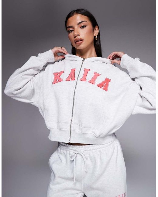 Kaiia Gray Cotton Rich Embroidered Logo Zip Through Oversized Hoodie Co-ord