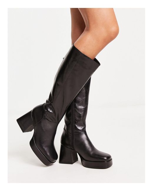 TOPSHOP Black Holly Premium Leather Platform Knee High Boot