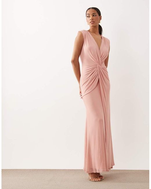 ASOS Pink Mesh Plunge Wrap Detail Maxi Dress