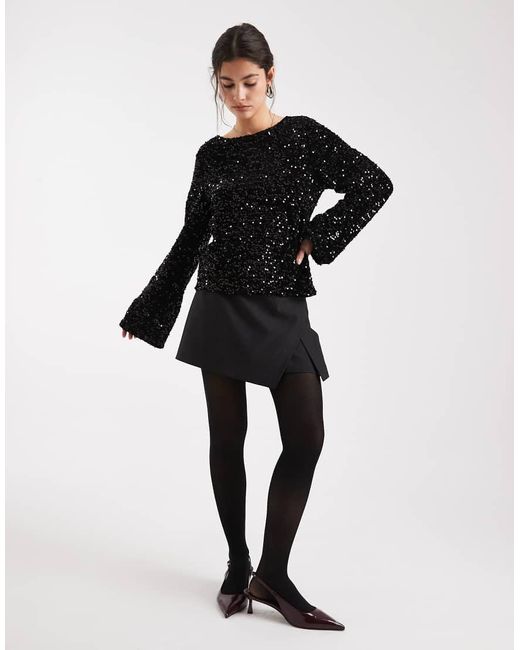 Pieces Black Backless Sequin Top With Satin Bow Back