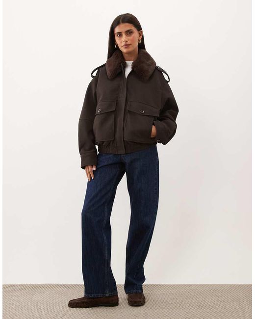 GOOD AMERICAN Black Faux Fur Collar Jacket With Cargo Pockets