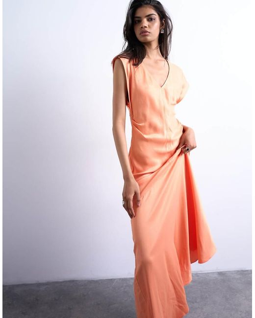 TOPSHOP Orange Deep V Tucked Side Satin Maxi Dress