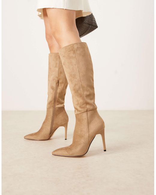 Glamorous Natural Pointed Toe Heeled Knee Boots