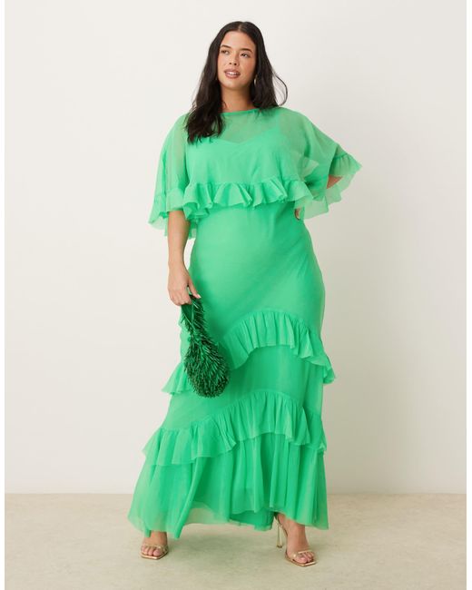 Asos design curve - robe longue en biais à volants avec superposition cape - vif ASOS en coloris Green