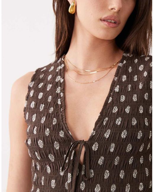 Abercrombie & Fitch Brown Floral Print Ruched V Neck Top