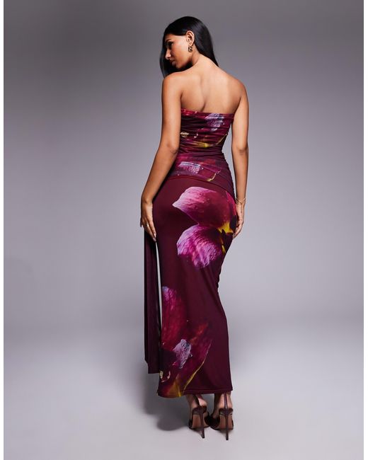 Kaiia Purple Exclusive Double Layered Slinky Mesh Bandeau Tie Side Drape Detail Maxi Dress