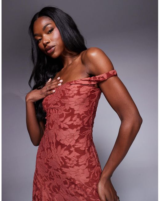 ASOS Red Super Scooped Off The Shoulder Devore Dress With Asymmetric Hem