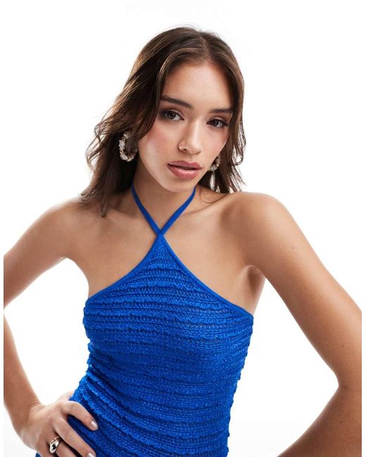 Mango Blue Halter Crochet Midi Dress