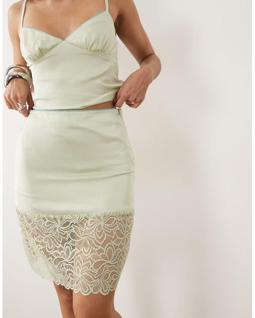 Motel Natural Garula Satin Lace Hem Midi Skirt