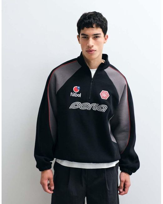 ASOS Black Relaxed Quarter Zip Sweatshirt With Piping And Graphic for men