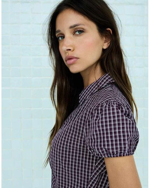 Bershka Purple Short Sleeve Poplin Shirt With Bow