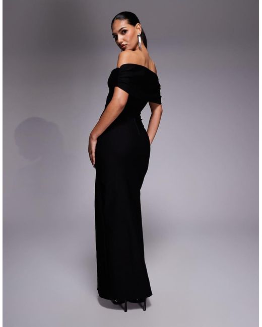 Vesper Blue Bengaline Deep Bardot Bodycon Thigh Split Maxi Dress