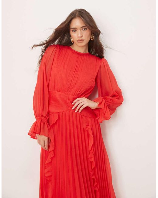 ASOS Red High Neck Ruched Belt Detail Maxi Dress