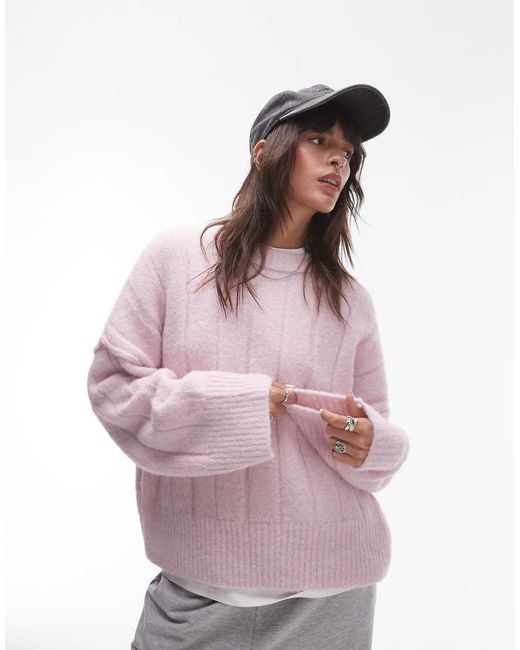 TOPSHOP Pink Knitted Fluffy Rib Oversized Crew Sweater