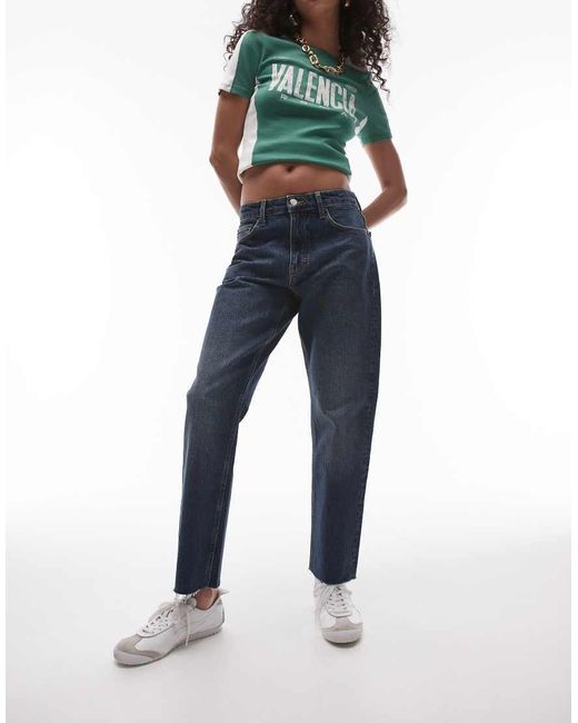 TOPSHOP Blue Cropped Mid Rise Straight Jeans With Raw Hems