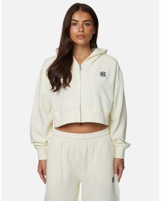 Good For Nothing White Cropped Zip Hoodie With Monogram