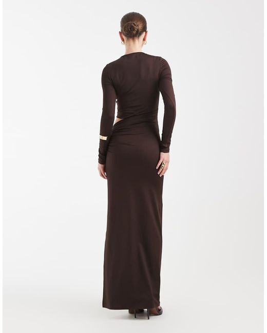 4th & Reckless White Slinky Long Sleeve Asymmetric Cut Out Detail Side Split Maxi Dress