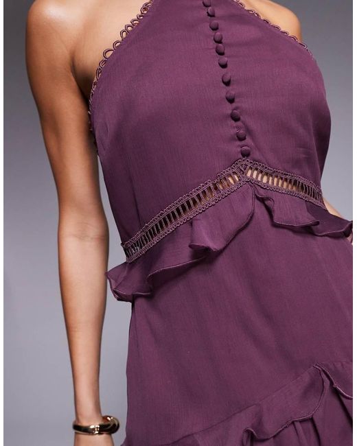ASOS Purple Lace Insert Halter Tiered Mini Dress