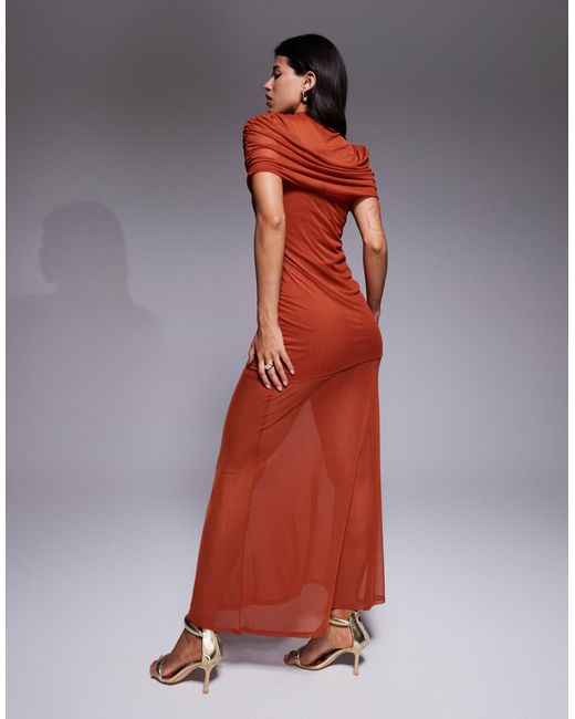 ASOS Red Highneck Mesh Overlay Maxi Dress With Sheer Skirt