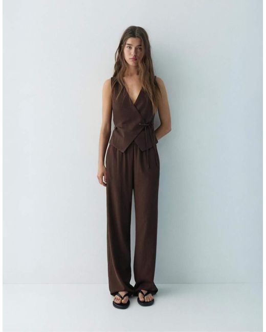 Pull&Bear Black Linen Blend Vest With Side Tie Fastening