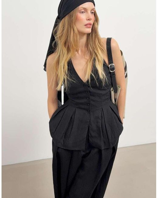 NA-KD Black Linen Lyocell Blend Halterneck Vest Top