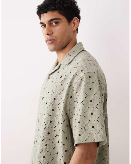 ASOS Gray Oversized Revere Broidery Shirt With Linen for men