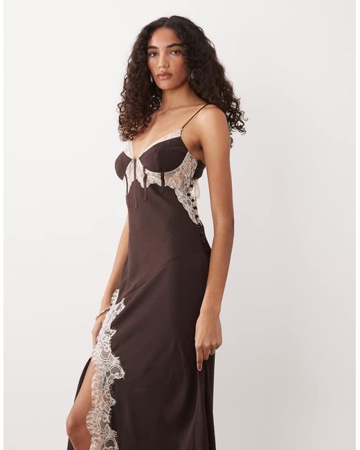 ASOS Brown Asos Design Tall Corset Slip Maxi Dress With Lace And Side Slit