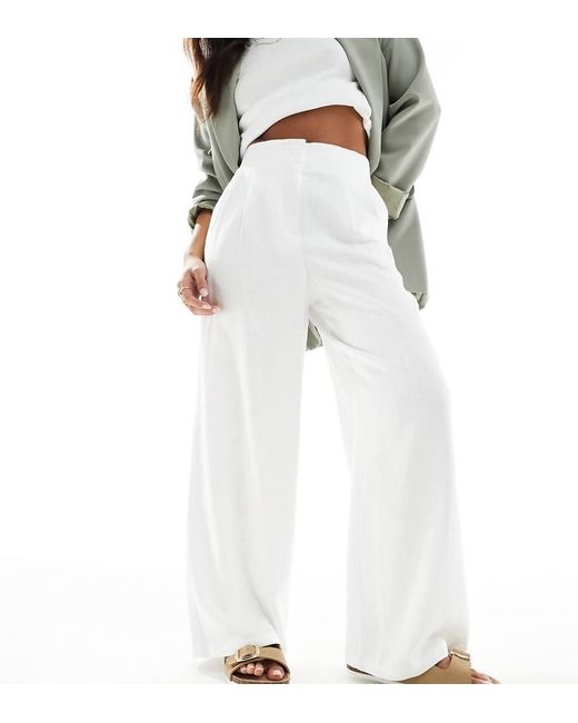 ASOS White Asos Design Petite Tailored High Waist Seam Detail Wide Leg Linen Trousers