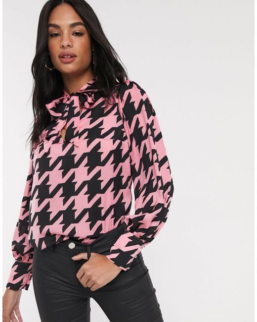 River Island Pink Houndstooth Pussybow Blouse