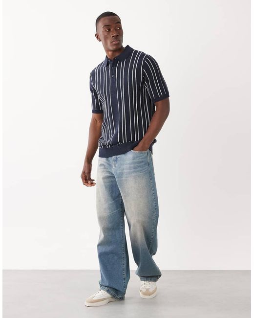 Threadbare Blue Knit Short Sleeve Pinstripe Polo Shirt for men